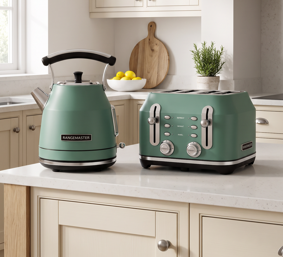 Rangemaster matching kettle and toaster set in a stylish kitchen