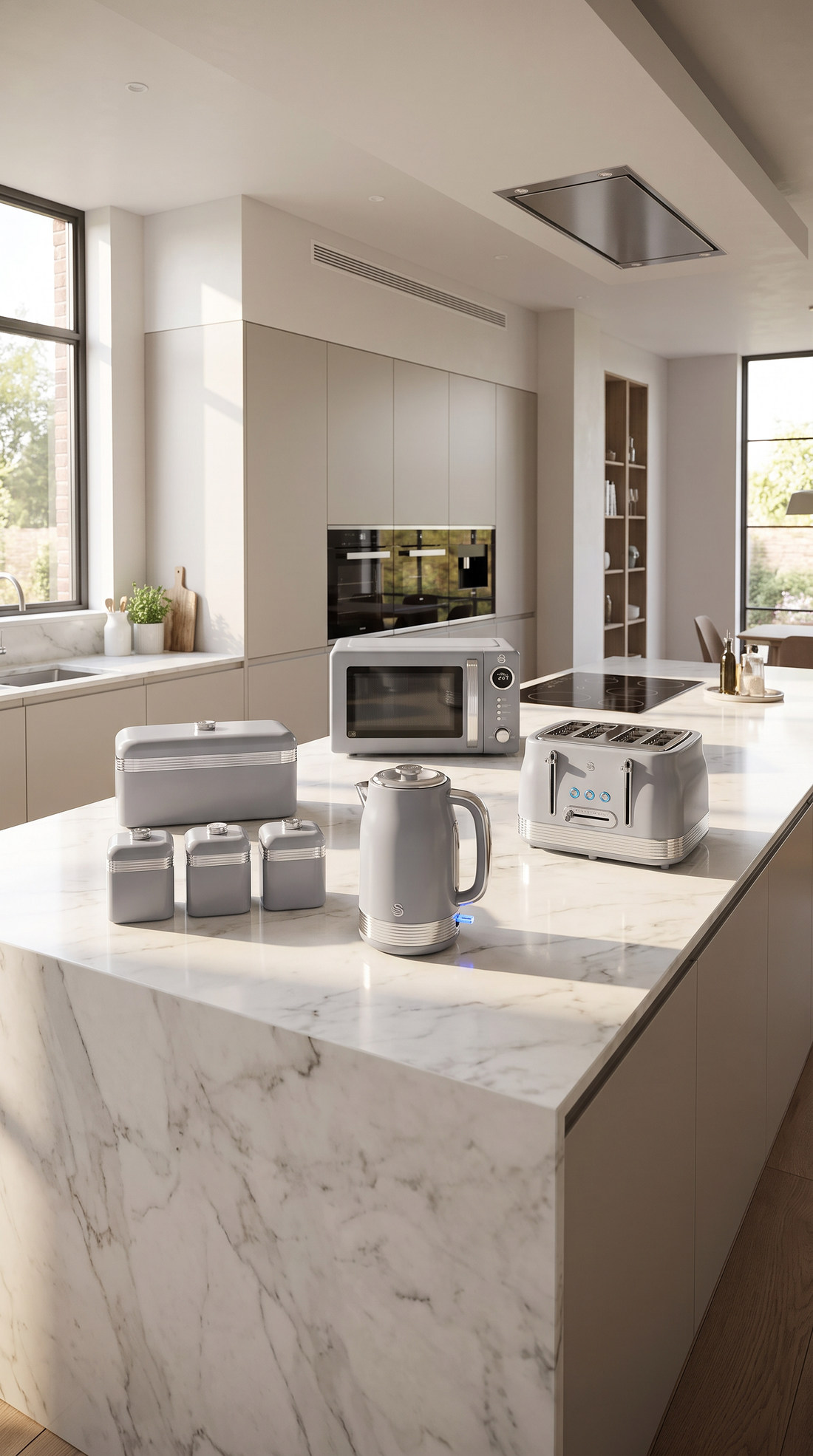swan retro grey matching kitchen set with microwave kettle toaster bread bin and canisters
