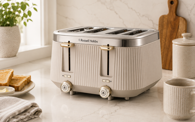 russell hobbs bronte best selling classic 4 slice toaster in stone grey beige with gold trim kitchen set in stainless steel at vibe home uk shop