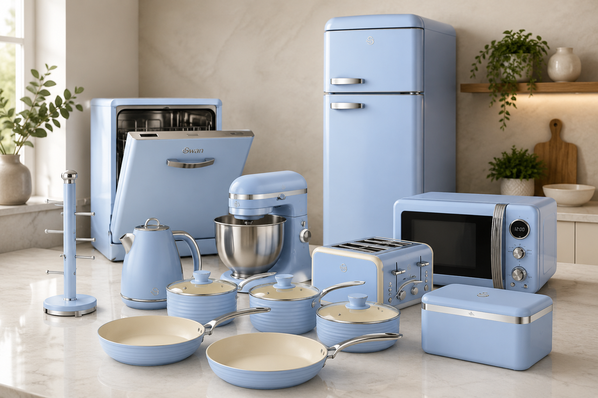 2026 new swan retro revive collection blue kettle toaster pan set bread bin towel pole microwave bundle set