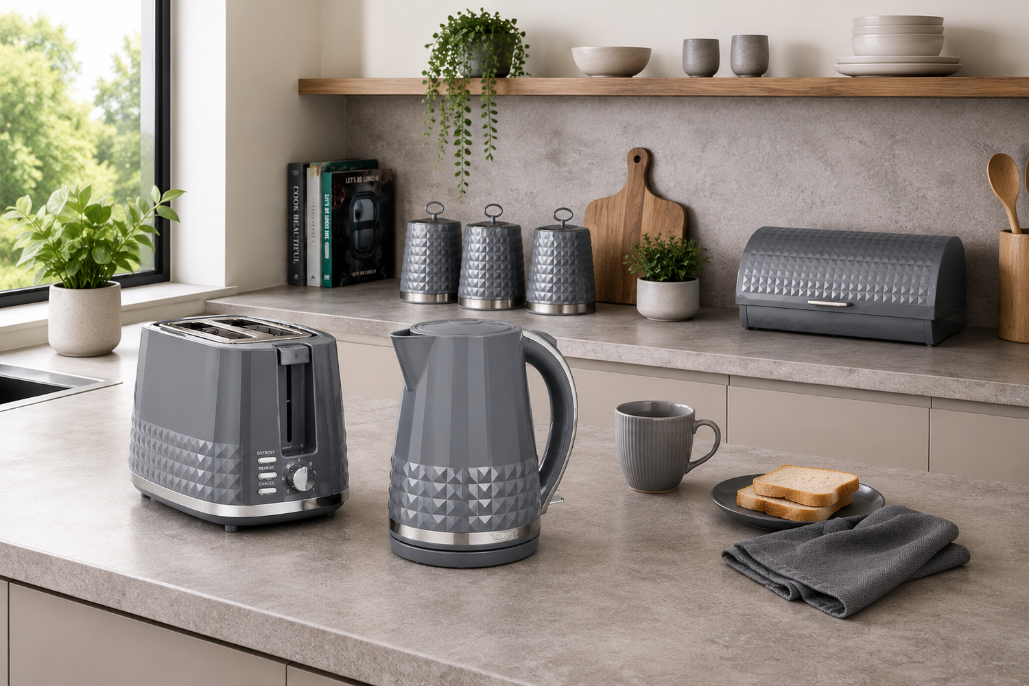 tower solitaire classic kitchen set in grey kettle toaster with matching bread bin and canisters