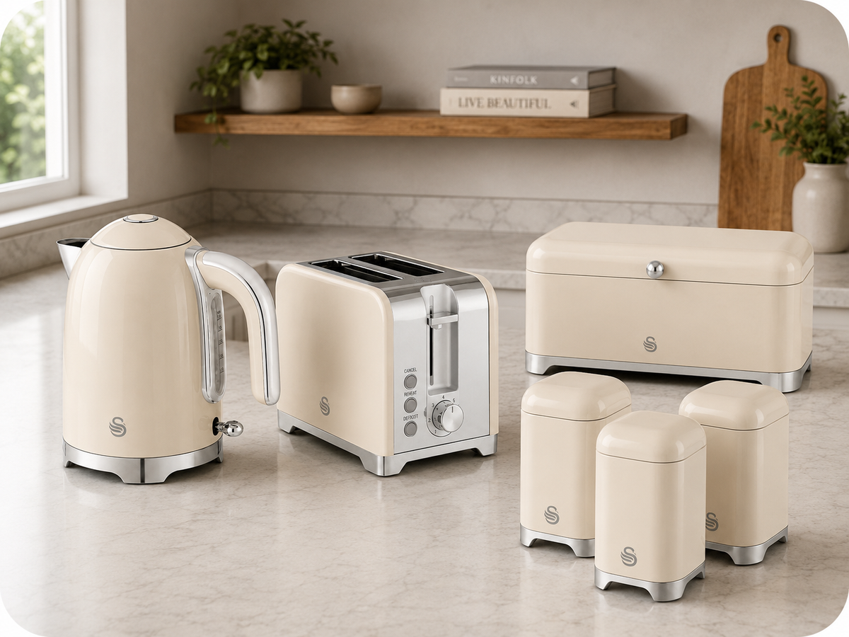 swan solace cream modern kettle toaster kitchen set with matching bread bin and canisters