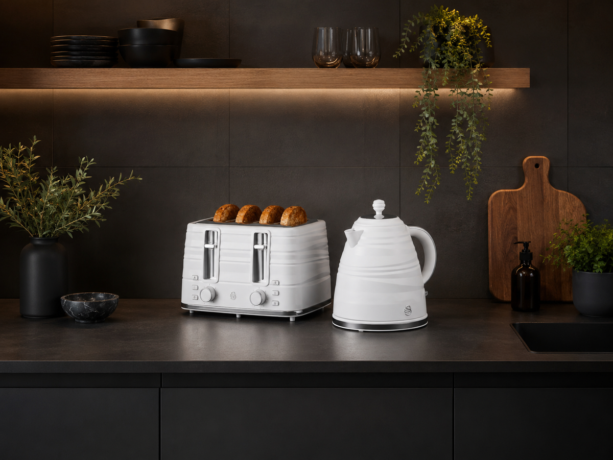 White Swan Symphony kettle and toaster set with matching kitchen accessories