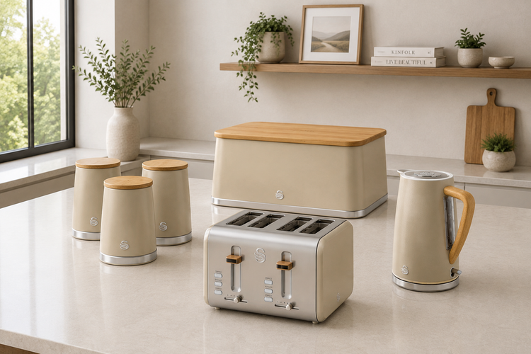 Swan Nordic oatmeal Kettle & Toaster Matching Kitchen Sets with bread bin and canisters