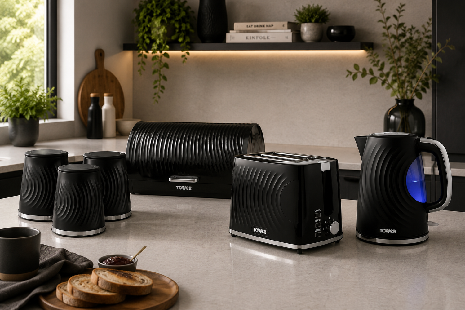 black Tower Sonar Kettle & Toaster Matching Kitchen Sets