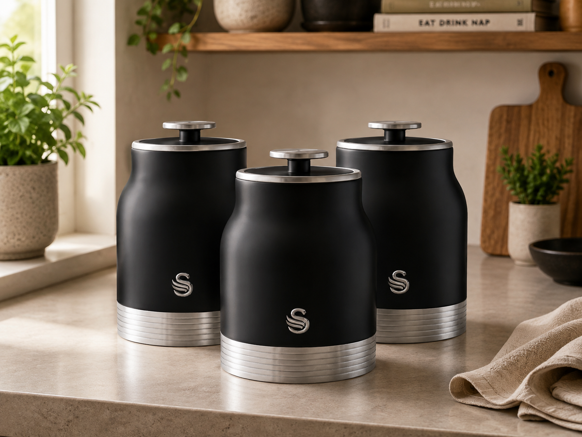 swan retro black Tea Coffee and Sugar Canister Set premium storage kitchen containers
