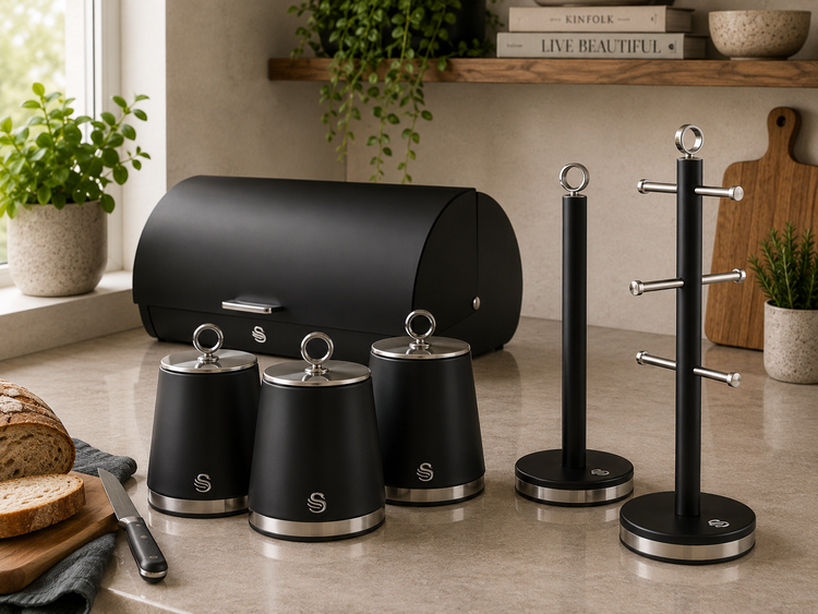 swan black serenity Matching Bread Bin, Canisters, Mug Tree & Towel Pole Sets