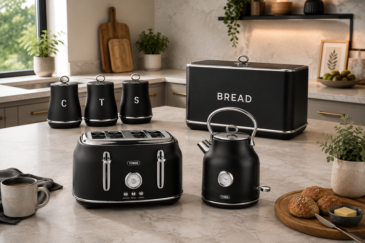 Tower Renaissance Kettle, 4 Slice Toaster, Bread Bin, Canisters Kitchen Set (Black) - Vibe Home