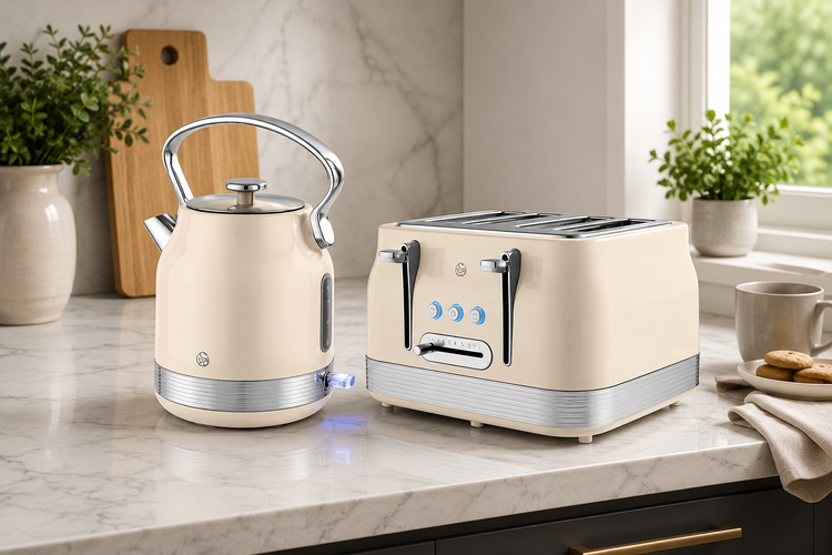 swan retro pyramid Cream Kettle & 4 slice Toaster kitchen Sets
