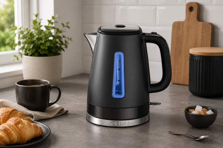 Black russell hobbs kettle with matching kitchen appliances and accessories
