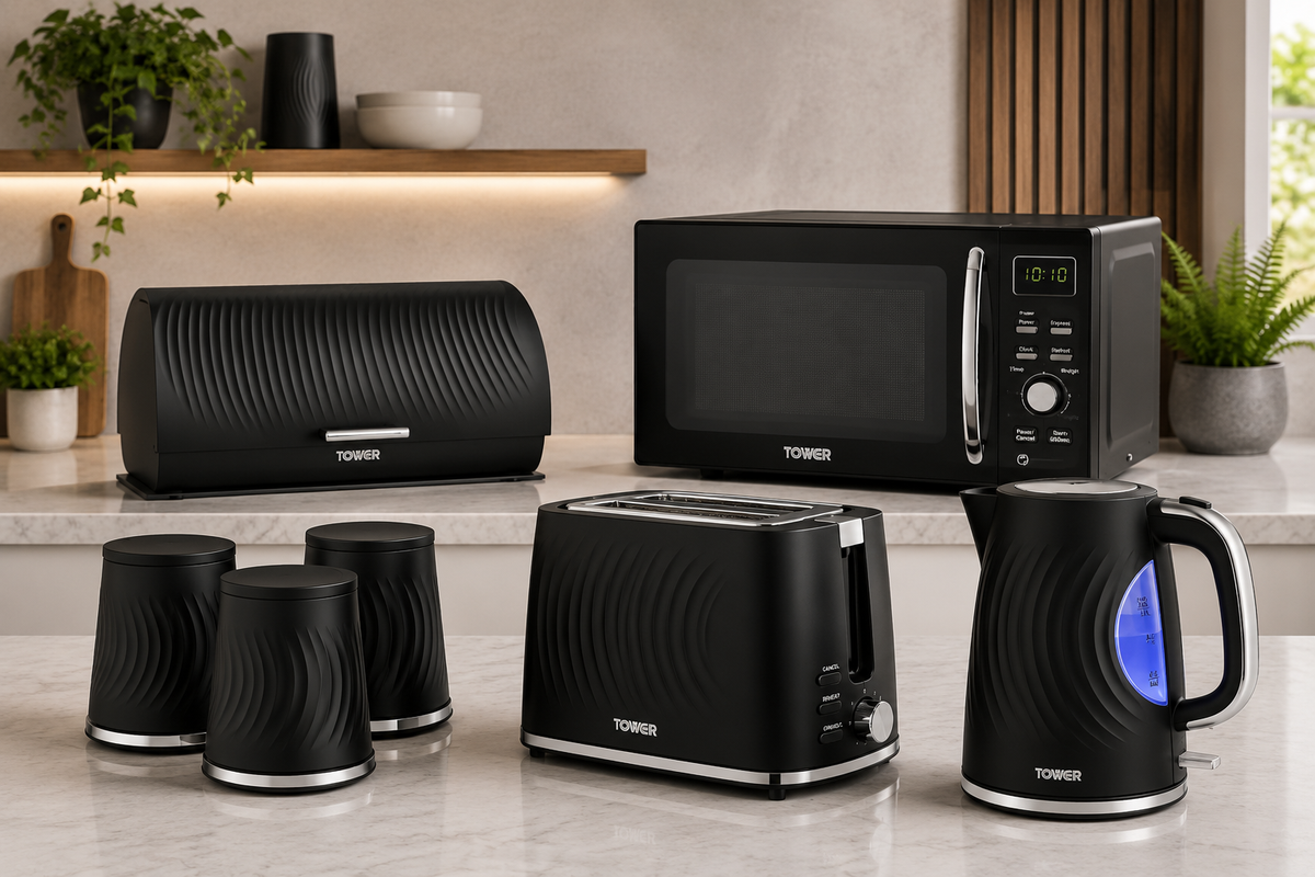 tower sonar black Student Kitchen Kettle Starter Packs kettle toaster bread bin canisters and microwave set