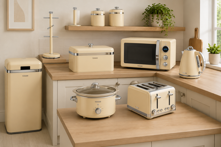 swan cream Retro Style Matching Kettle Kitchen Sets with sensor bin microwave towel pole matching set to buy now