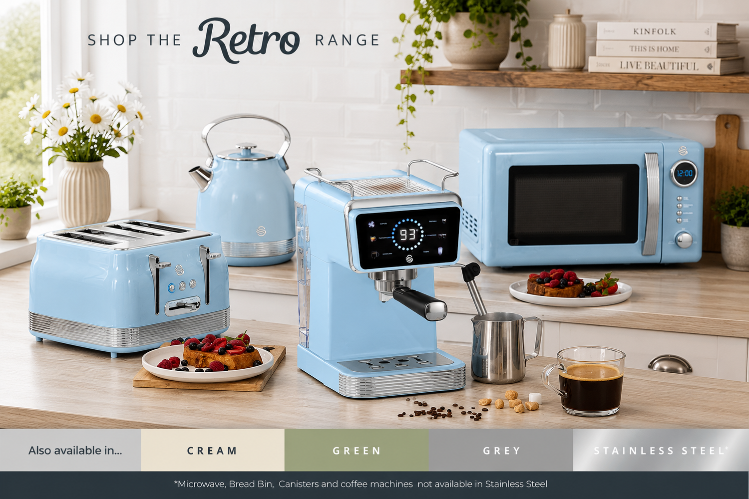Swan Retro Collection blue pyramid kettle 4 slice toaster and microwave and coffee machine matching UK shop buy