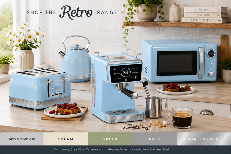 Swan Retro Collection blue pyramid kettle 4 slice toaster and microwave and coffee machine matching UK shop buy