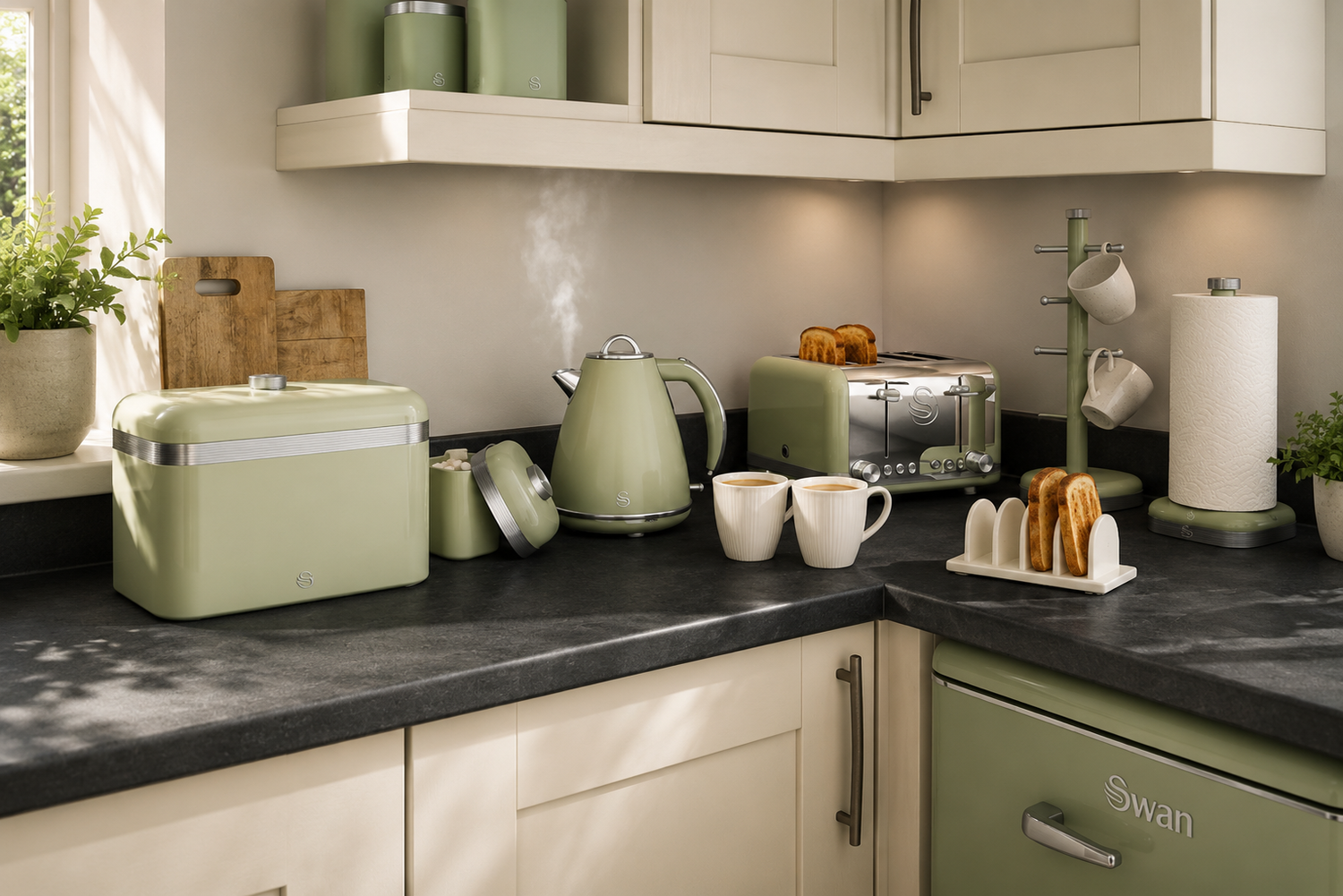 best matching kitchen set with swan retro pyramid Kettle, 4 slice toaster & mug tree and kitchen roll paper holder canisters and bread bin buy best uk shopAccessories Sets