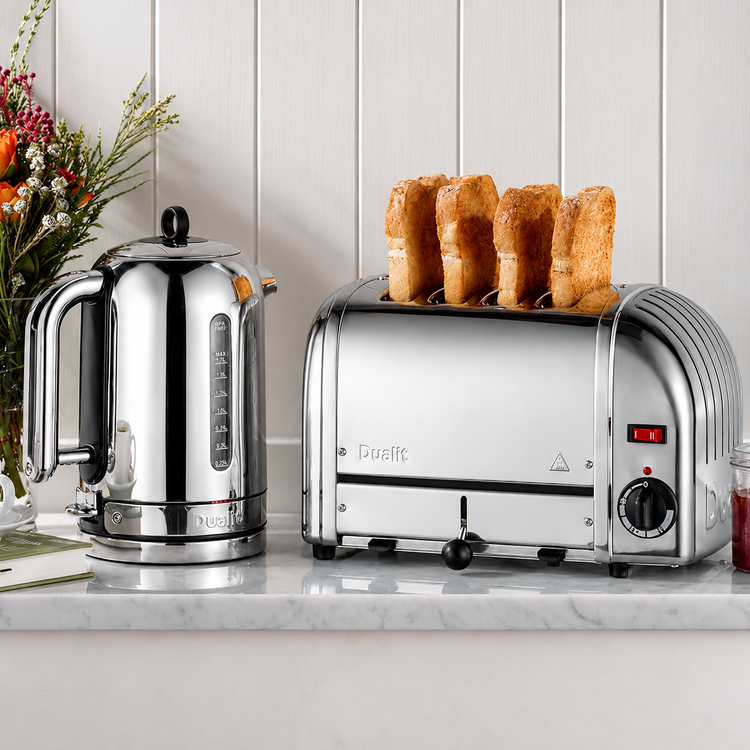 silver stainless steel dualit classic matching kettle and toaster kitchen set at vibe home uk