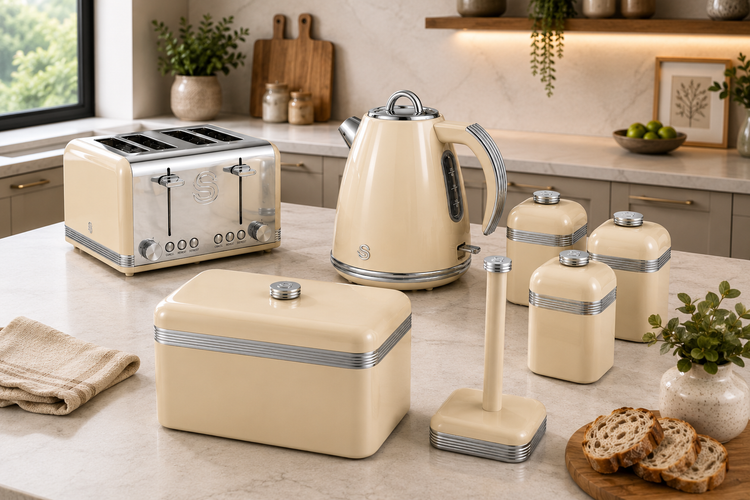 swan retro Cream Kettle Toaster Full Kitchen Sets beige set with canisters and bread bins
