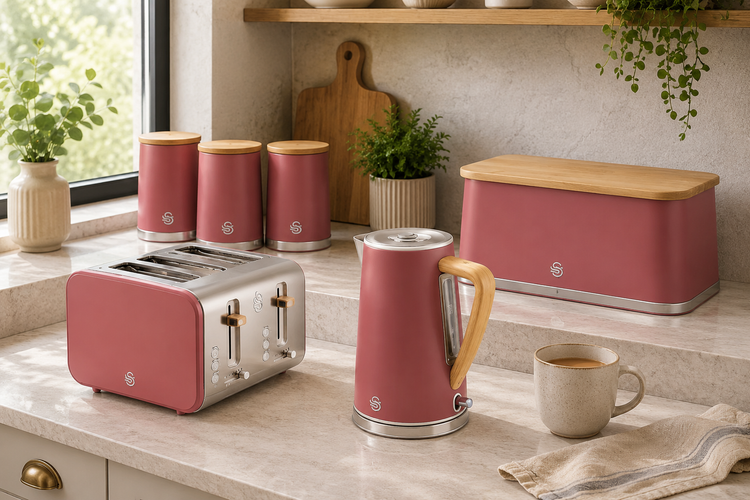 red kitchen set swan nordic kettle toaster bread bin and canisters matching 