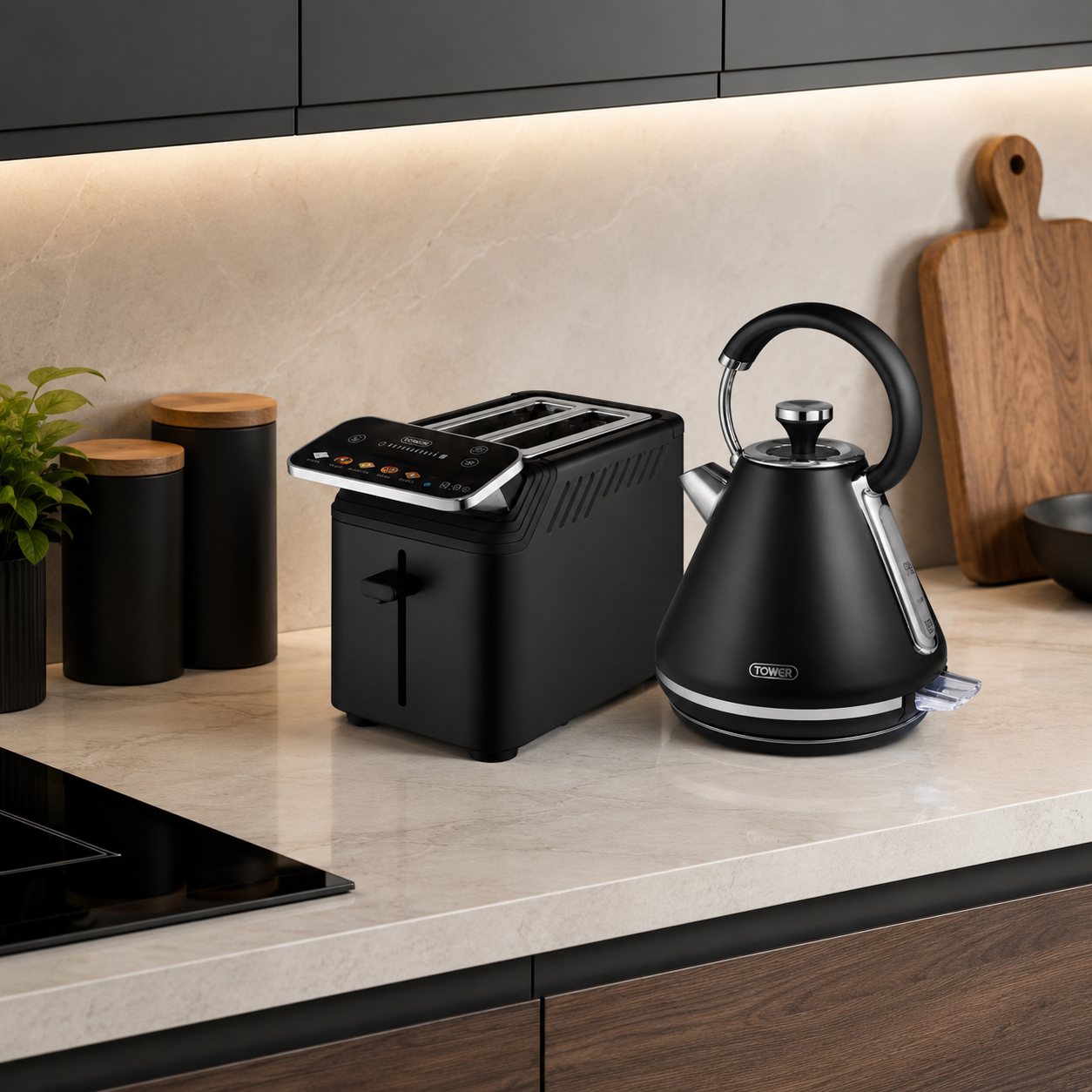 modern kettle and toaster kitchen set from tower mirage in black at vibe home
