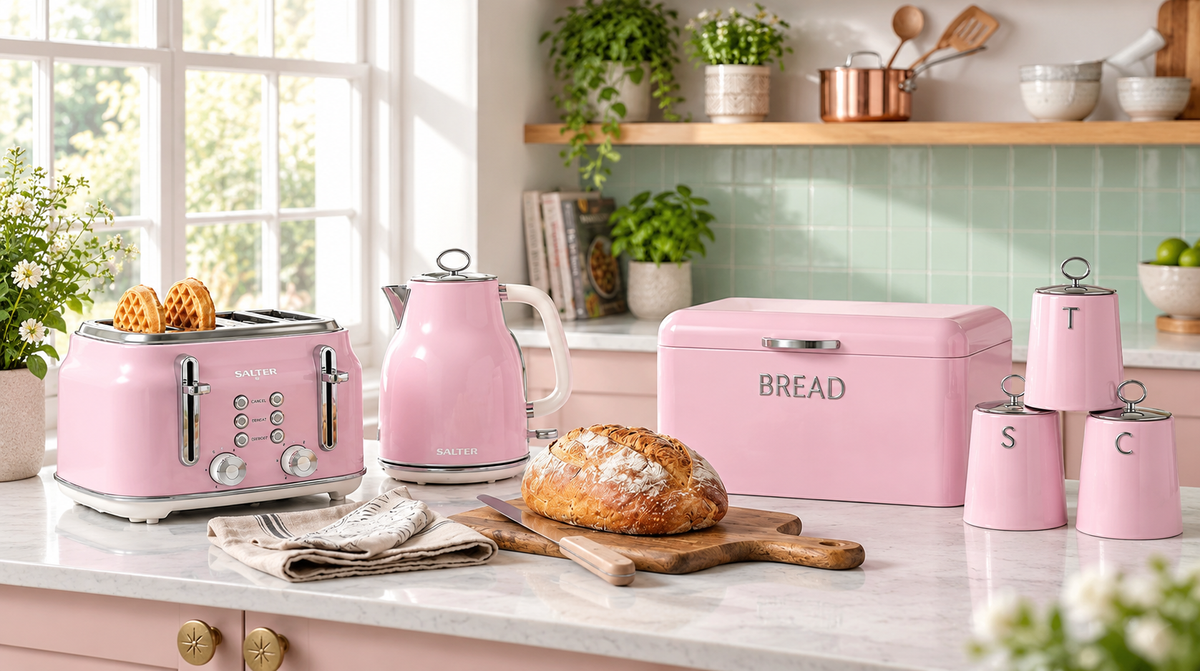 salter pink matching kitchen set including kettle toaster bread bin and canisters sets