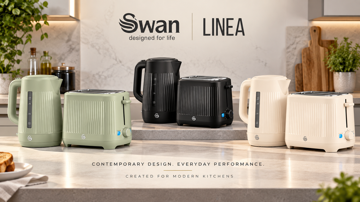 Swan Linea Kettle & Toaster Collection in black, cream, and green at vibehome shop uk