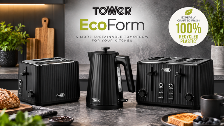 Tower EcoForm Rapid Boil Kettle & 4 Slice Toaster Kitchen Set (Black)