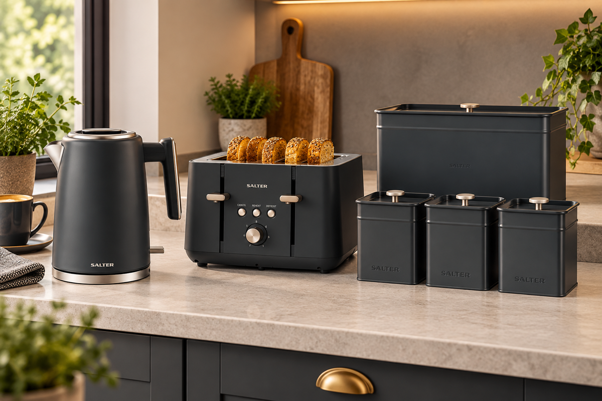 Salter Marino Kettle, 4 Slice Toaster, Bread Bin & Canister Kitchen Set (Grey/Blue)