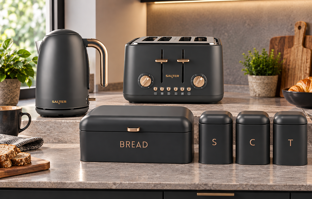 Salter Pebble Kettle, 4 Slice Toaster, Bread Bin & Canisters Kitchen Set (Charcoal)