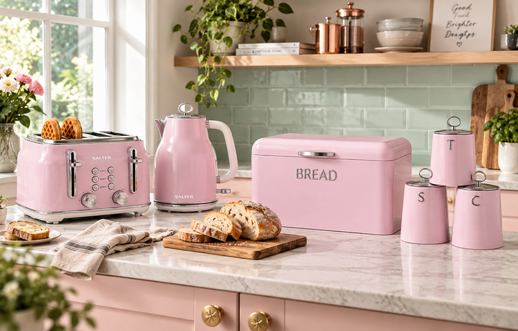 Salter Retro Kettle, 4 Slice Toaster, Bread Bin & Canisters Kitchen Set (Pink) Salter Retro matching kitchen collection in pink grey cream blue and green