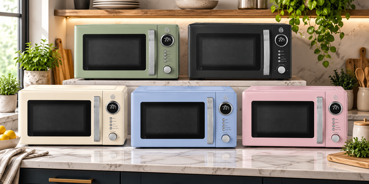 Swan microwaves in a range of colours and matching kitchen styles