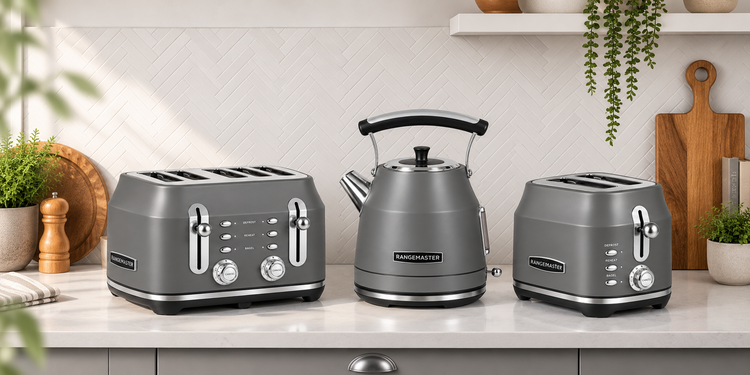 Rangemaster grey kettle 2 slice and 4 slice toaster matching kitchen sets