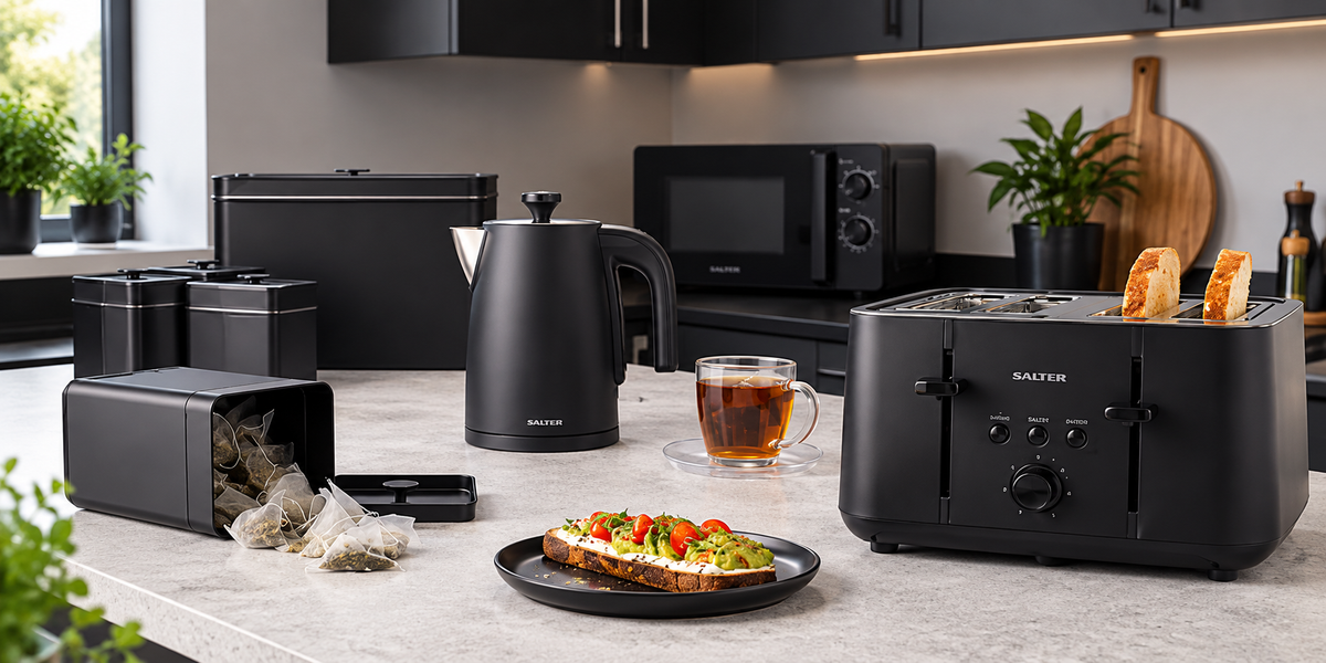 Salter Kuro Kettle, 4 Slice Toaster, Bread Bin & Canisters Kitchen Set (Matte Black)