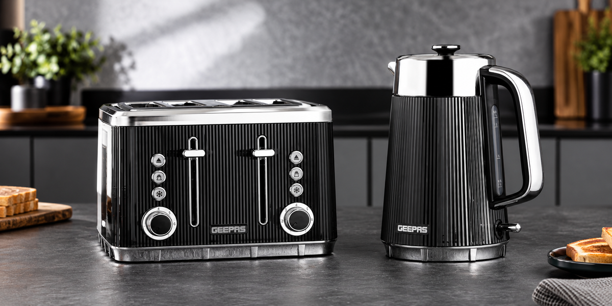 GEEPAS Arcus black and white kettles with 2 slice and 4 slice toasters