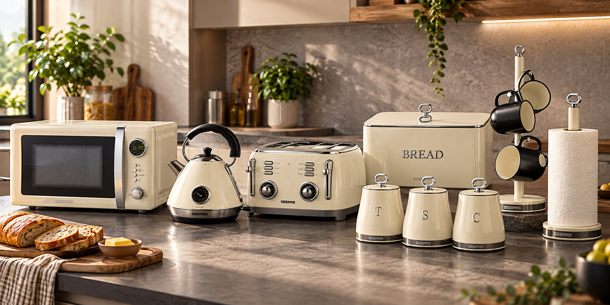 GEEPAS Retrovive matching kettle toaster bread bin canisters mug tree and towel pole