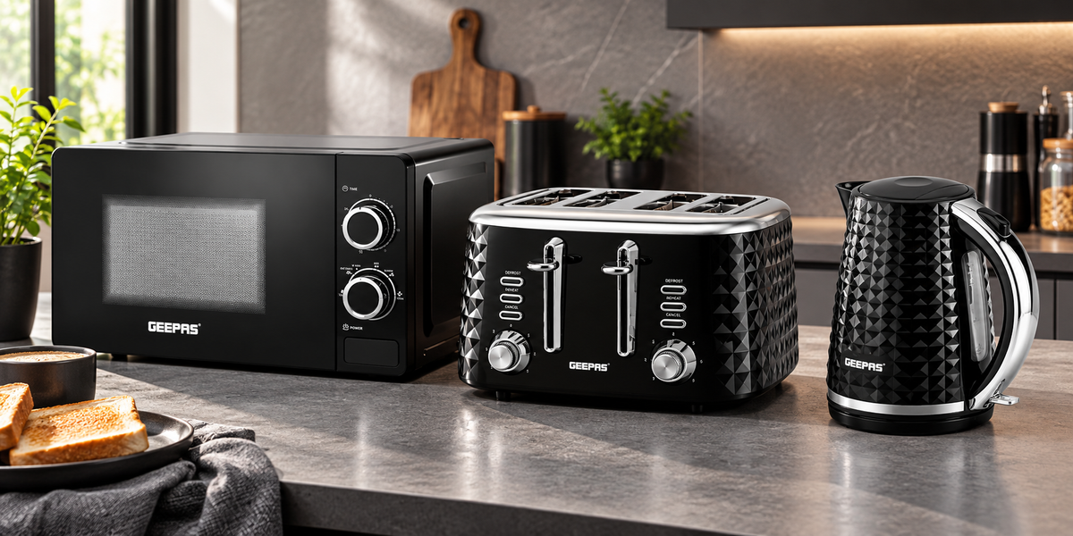 GEEPAS Argyle black white and grey kettle and 4 slice toaster sets