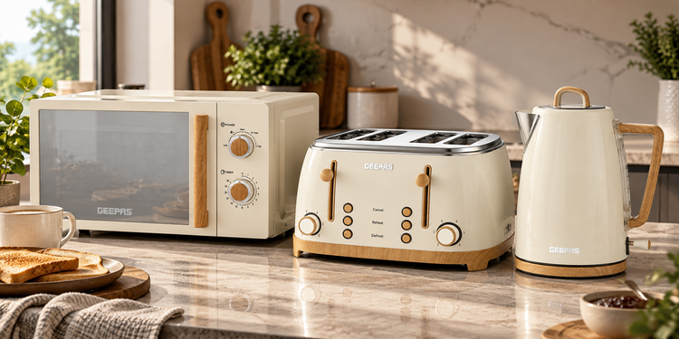GEEPAS NordiQ black and cream kettle with 2 slice and 4 slice toasters