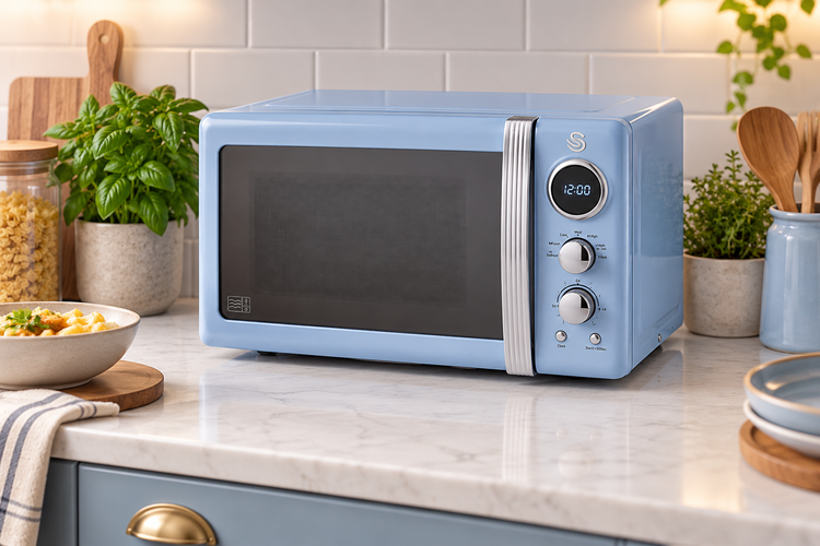 Blue retro microwave on a modern kitchen worktop, featuring chrome detailing and a digital display.