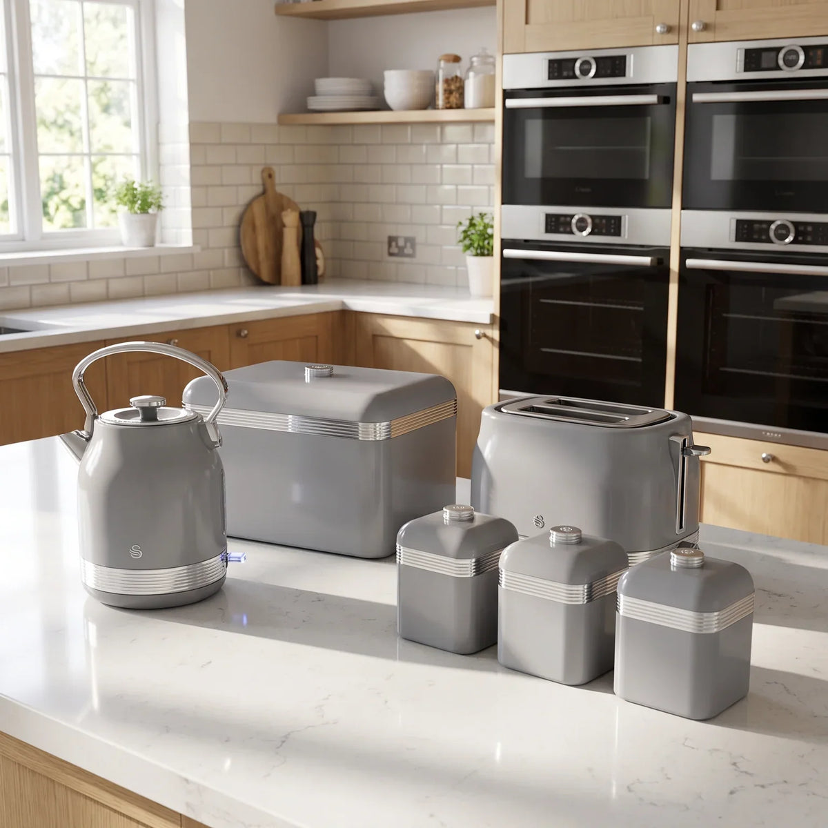 retro style set kettle toaster and bread bin and canisters