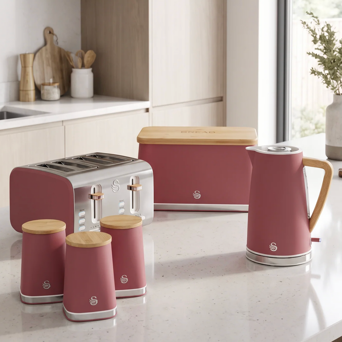 Swan Nordic Kettle, 4 Slice Toaster, Bread Bin & Canisters Kitchen Set (Fuchsia Rose) red kitchen sets