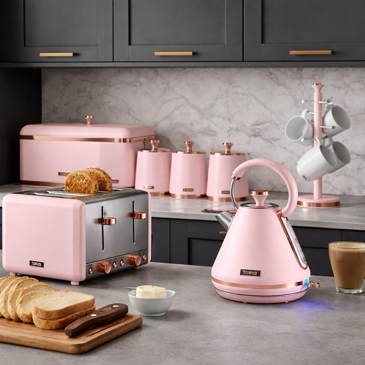 shop a pink kitchen set with kettle toaster bread bin and canisters vibe home uk