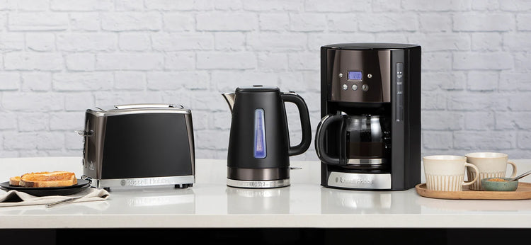 Russell Hobbs matt black kettle and toaster Luna Collection kitchen set matching at vibe home uk shop