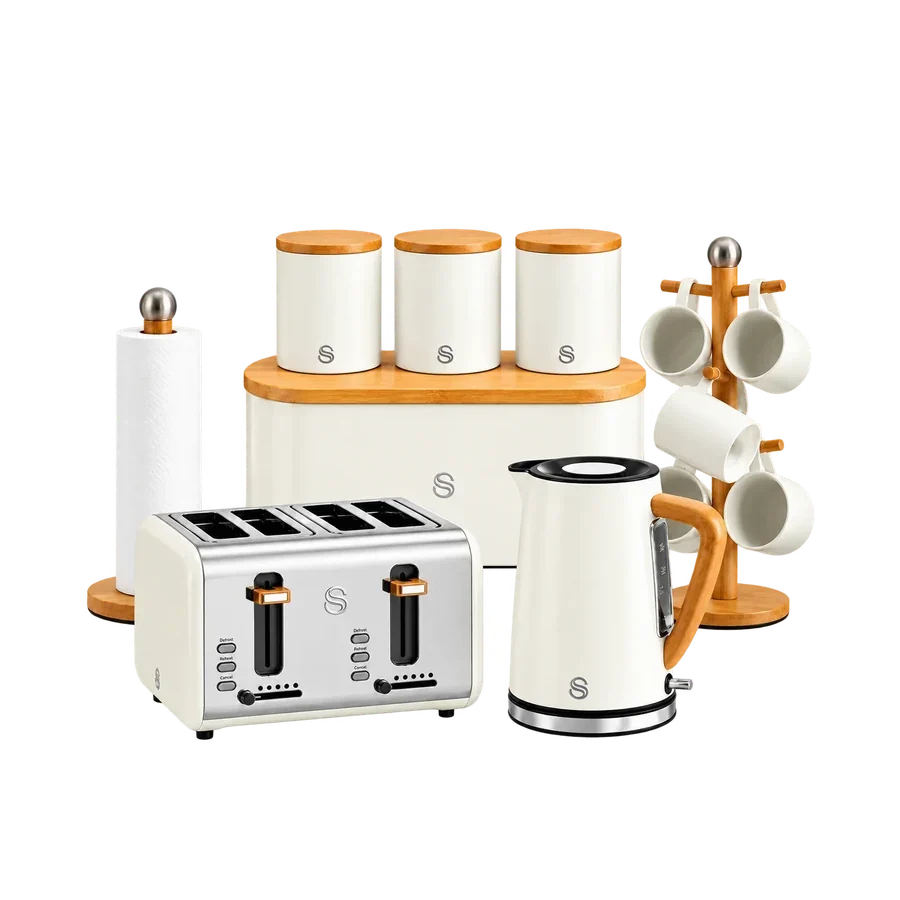 matching kitchen sets Swan Nordic Kettle, 4 Slice Toaster, Bread Bin, Canisters & Towel Pole Set (Cotton White)