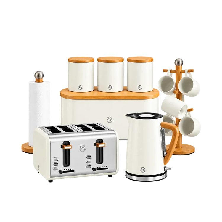 matching kitchen sets Swan Nordic Kettle, 4 Slice Toaster, Bread Bin, Canisters & Towel Pole Set (Cotton White)
