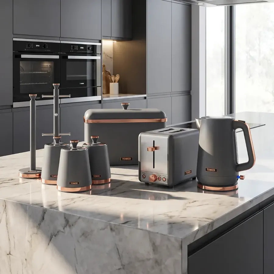 Tower modern kitchen set Cavaletto Jug Kettle, 2 Slice Toaster, Bread Bin, Canisters & Towel Pole Kitchen Set (Grey)