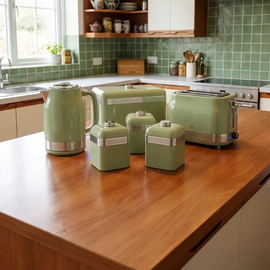 retro style Swan Retro Jug Kettle, 4 Slice Toaster, Bread Bin, Canisters Kitchen Set (Green)
