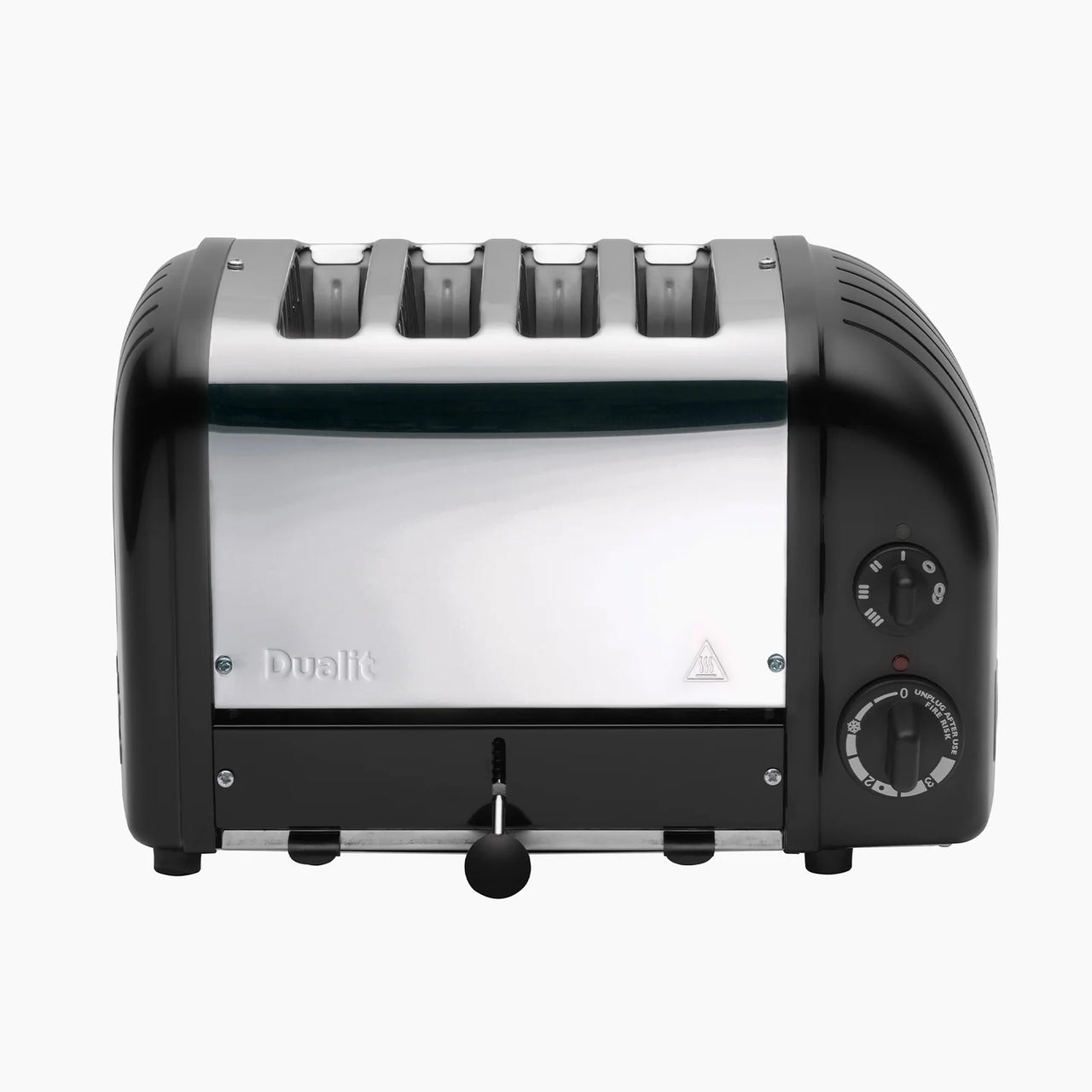 Matte black 4-slice toaster with chrome top panel and side control dial