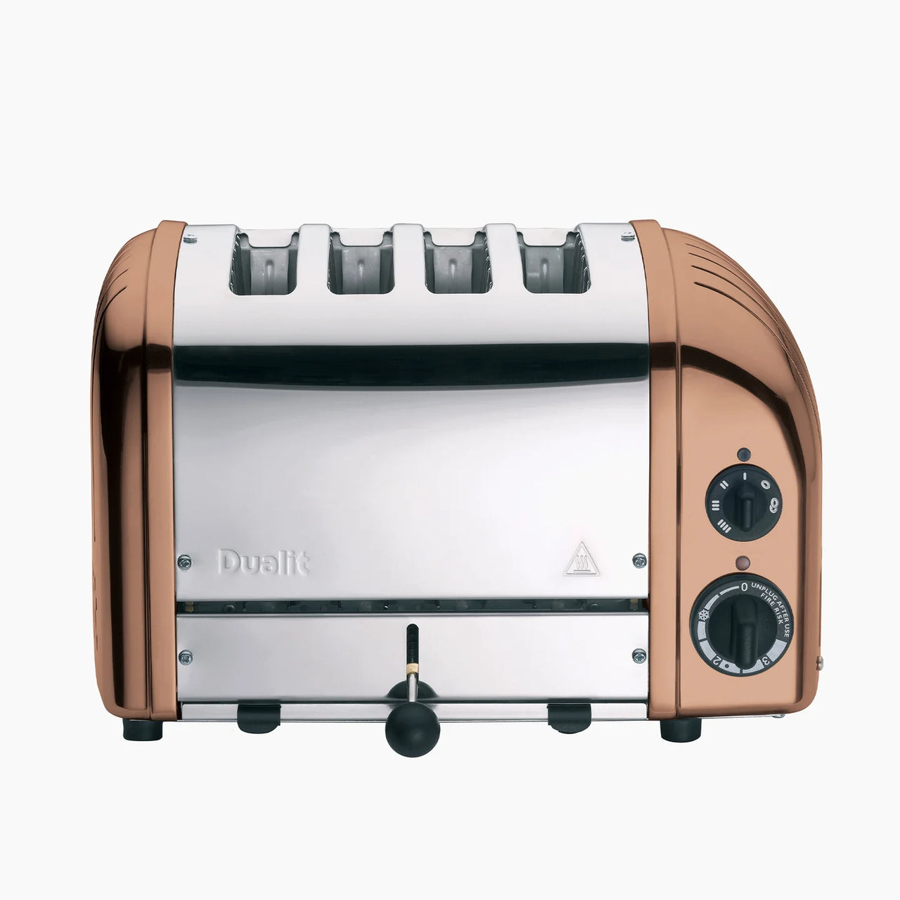 Copper 4-slice toaster with stainless front, dual control dials, and crumb tray