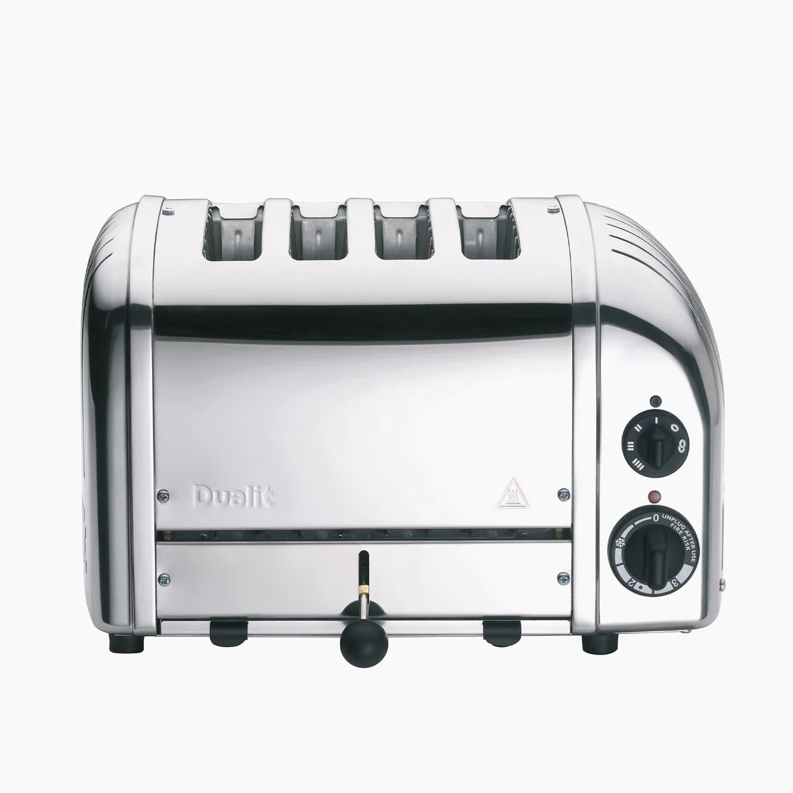 Stainless steel 4-slice toaster front view with two side dials and center lever