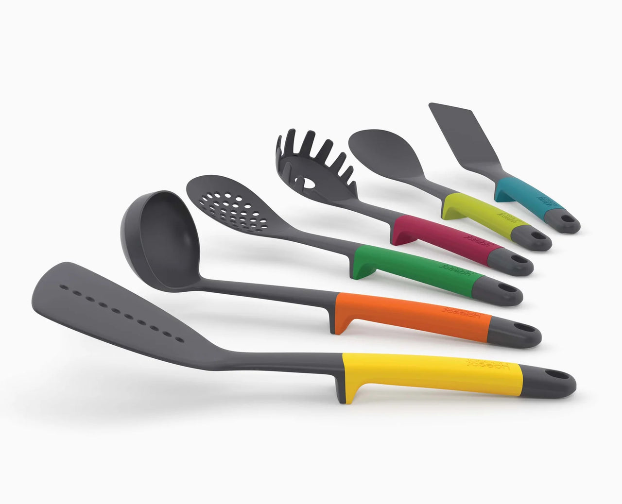 Assorted Joseph Joseph Elevate utensil set with six silicone tools and multicolored handles
