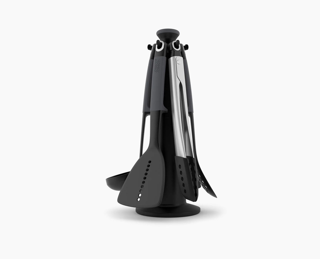 Utensil carousel with six dark gray tools and stainless inserts